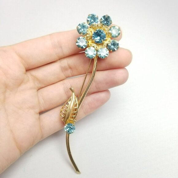 Vintage Blue Rhinestone Long Stem Flower Brooch, Gold Tone Setting, Estate - Picture 6 of 7